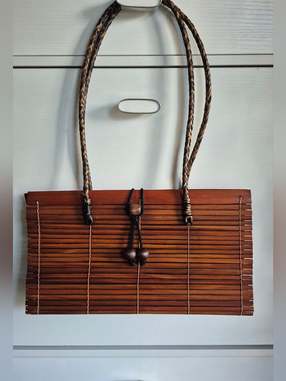 Vintage Wooden Slat Beaded Bamboo Handbag Tote Boho Retro Cottagecore Purse
